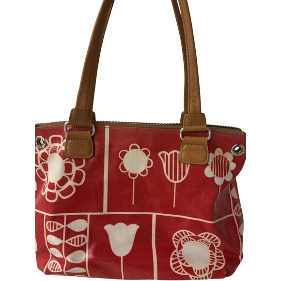 Brighton Red Floral Tote Bag With Tan Handles & Striped Interior Charm Heart - Picture 8 of 16